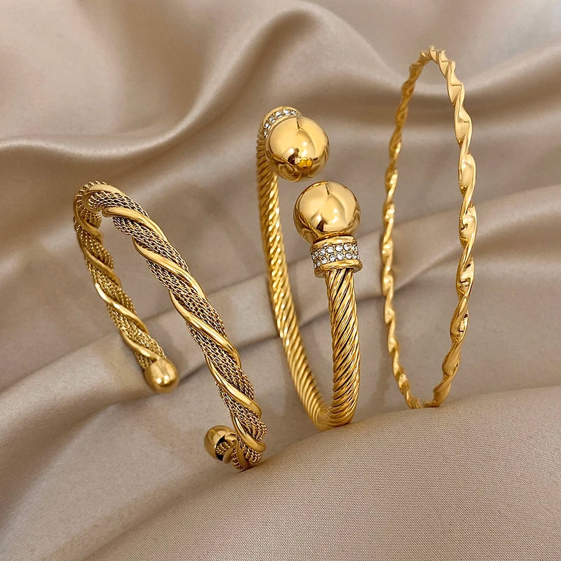 Warp Twine C-Shaped Open Men's & Women's Bracelet Jewelry Set - Stainless Steel
