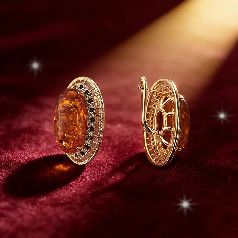 Vintage Amber and Zircon Jewelry Set for Women - Rose Gold Finish