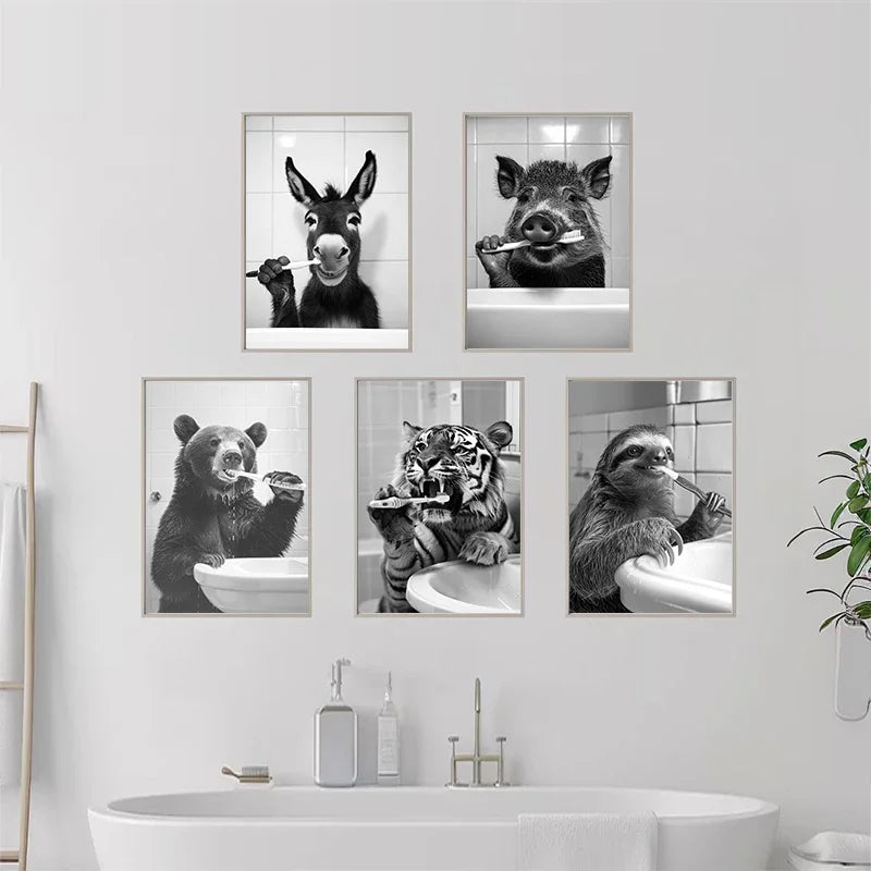 Animal Bathroom Canvas Wall Art - Funny Teeth Brushing Poster Home Decor
