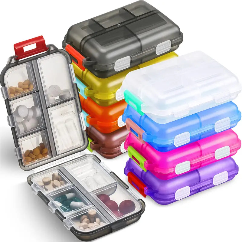 Travel Pill Organizer Case with 10 Compartments - Portable Waterproof Medicine Storage Box