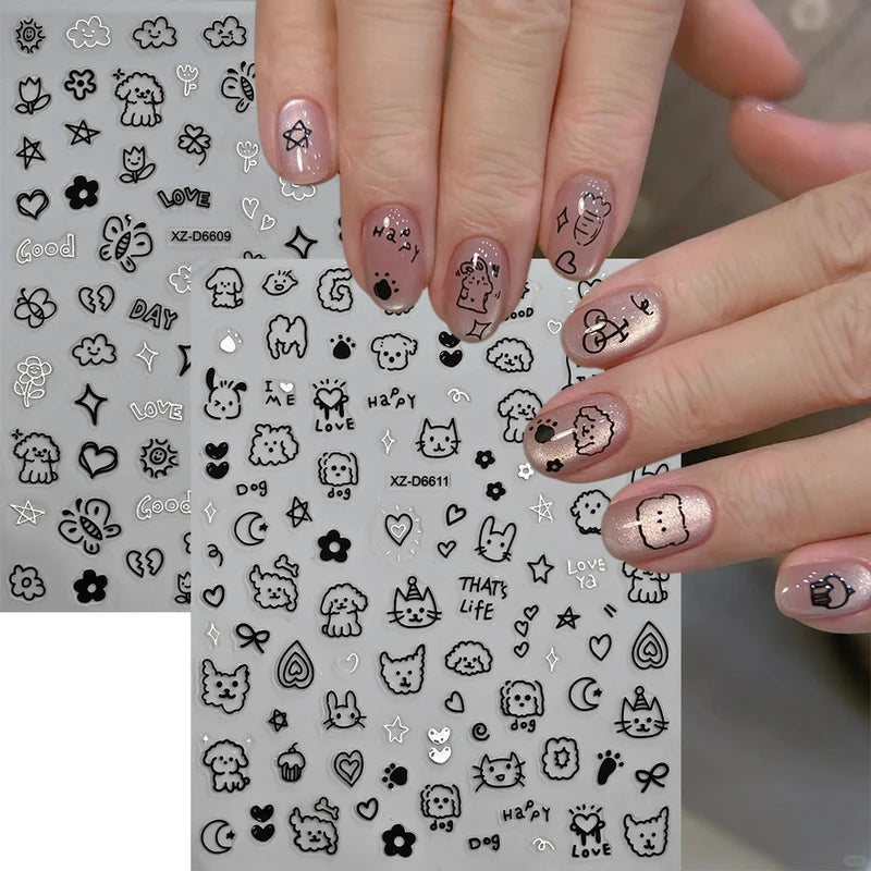 Cartoon Black Cat Nail Stickers Set - Kawaii Puppy Kitten Nail Art Decals
