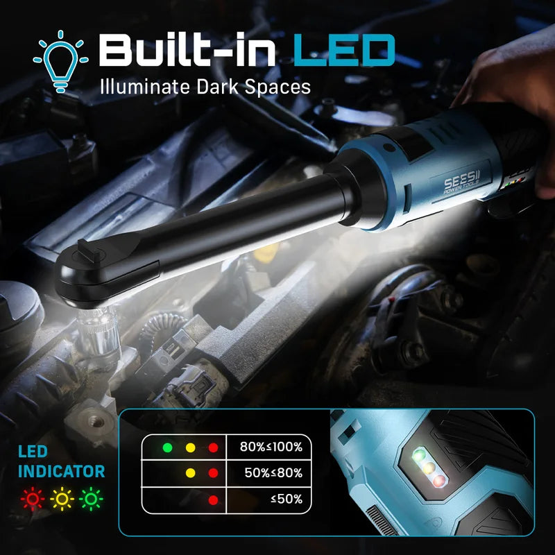 Cordless Electric Impact Wrench 3/8 Inch 55Nm Long Reach Car Repair Tool with 2 Batteries