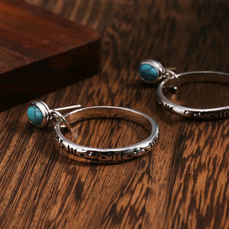 Vintage Metal Circle Earrings with Red Stone Bohemian Jewelry for Women