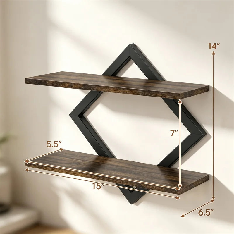 2-Tier Wall Mounted Storage Shelves - Rustic Wood & Metal Design for Living Room & Kitchen
