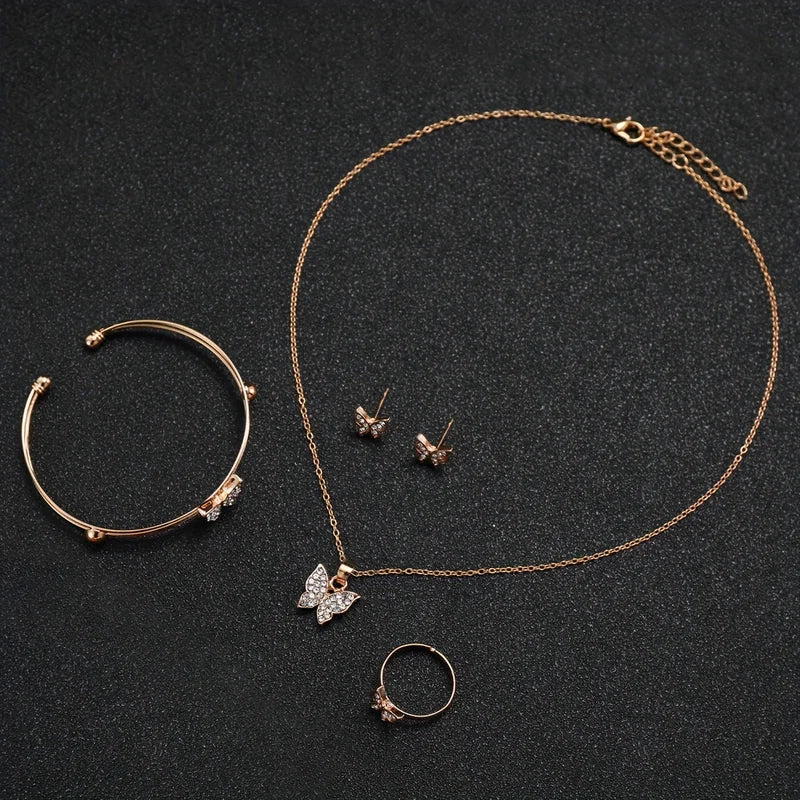 Fashion Women's Heart Watch Set with Jewelry - Plastic Band, Gold, 6 Pieces
