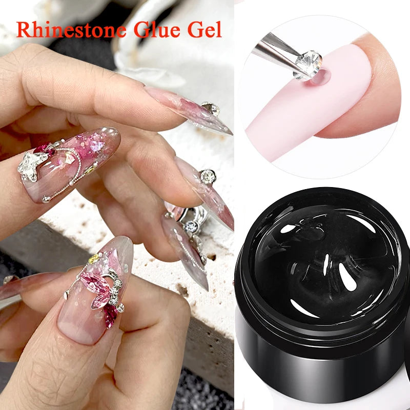 Nail Rhinestone Glue Gel with Mirror Powder and Nail Liner Brush for Nail Art