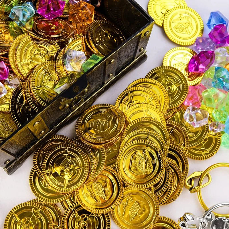Pirate Treasure Chest with Gold Silver Copper Coins & Gemstones Kids Toy Set