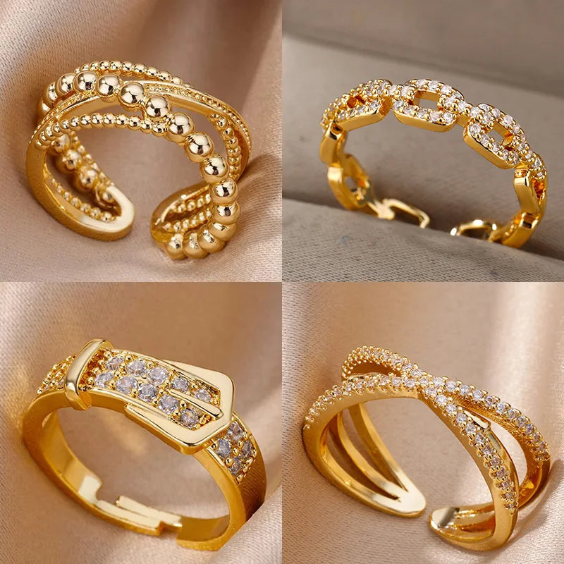 Adjustable Stainless Steel Belt Rings for Women Zircon Geometric Wedding Jewelry