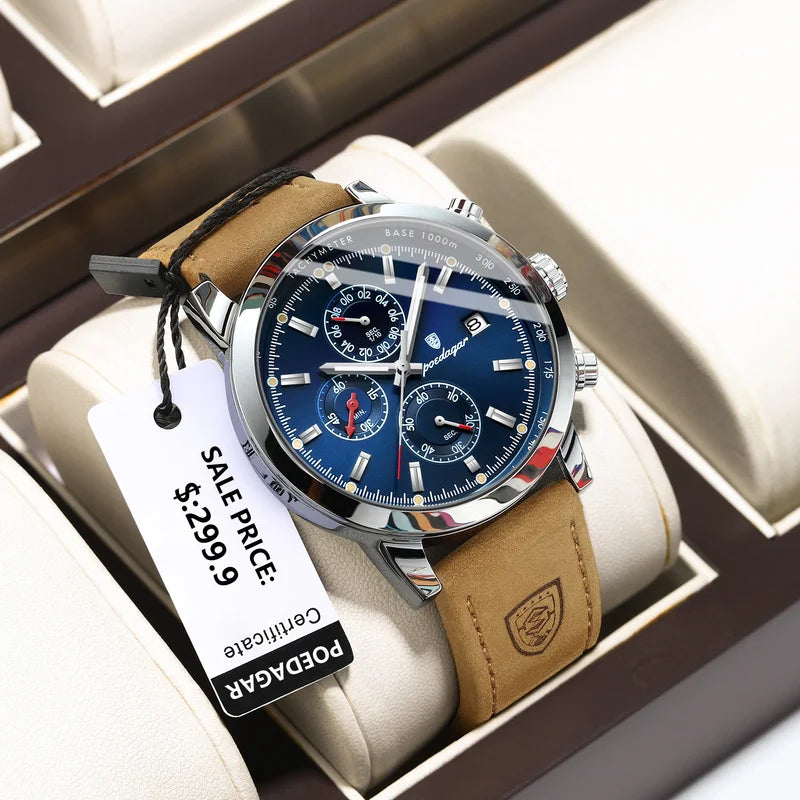 Luxury Men's Waterproof Luminous Chronograph Watch with Leather Strap