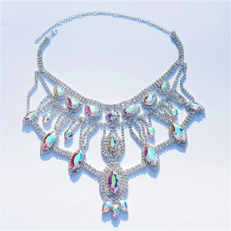 Exaggerated AB Crystal Pendant Necklace Bridal Wedding Party Jewelry