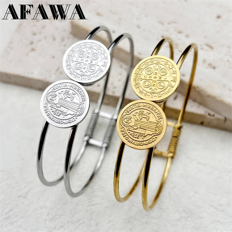 Saint Benedict Medal Bracelet for Men Women Stainless Steel Double Line Bangle Jewelry