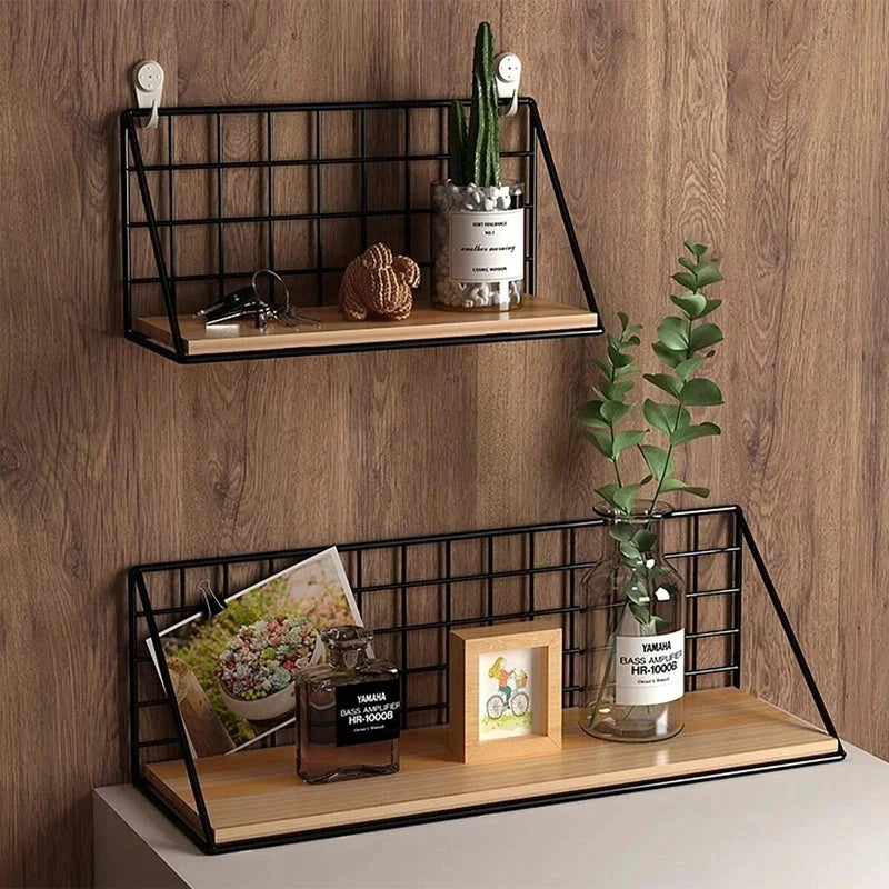 Wall Mounted Wooden Shelves Without Drilling for Living Room & Bedroom Storage