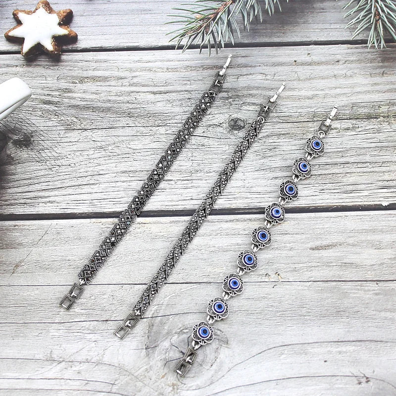 Vintage Turkish Fatima Bracelet for Women Bohemia Evil Eye Charm Silver Jewelry