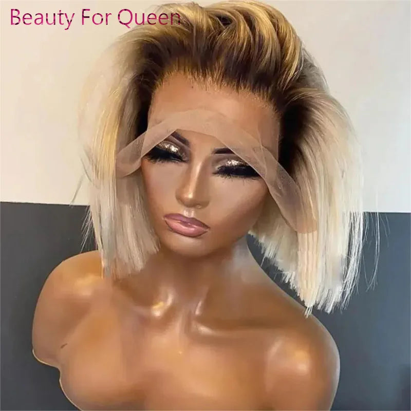 Ombre Blonde Short Bob Lace Front Human Hair Wig 180% Density for Women