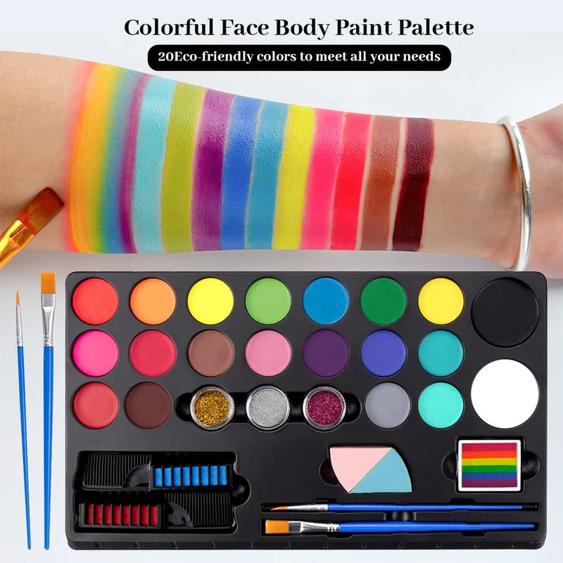 All-in-One Face & Body Paint Kit with 20 Oil Colors, Rainbow & Glitter for Special Effects Halloween