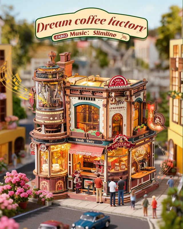 Wooden 3D Puzzle Coffee Factory Music Box Kit with LED Lights - DIY Model for Adults