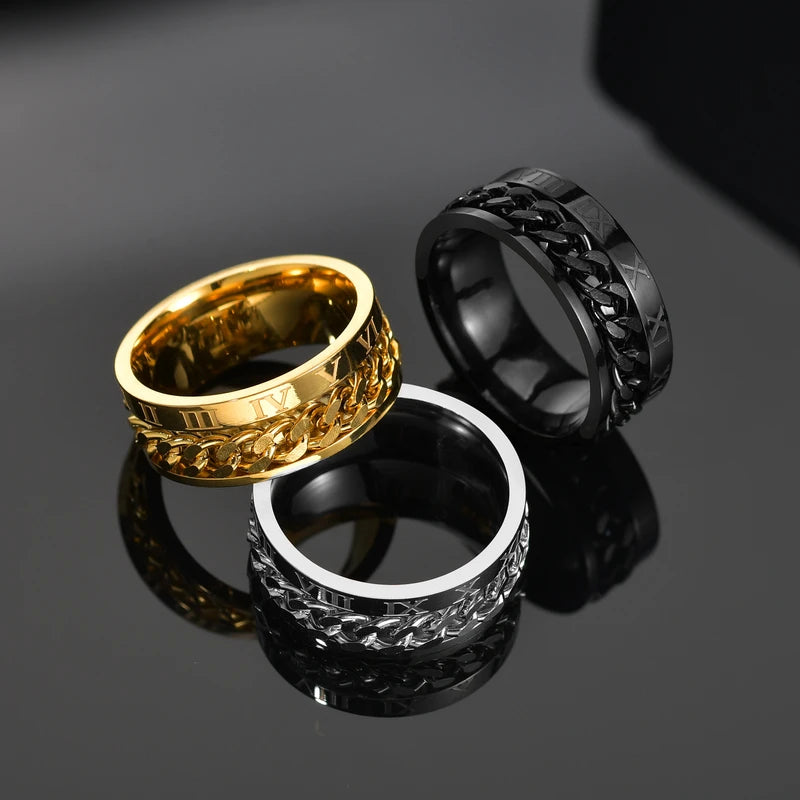 Stainless Steel Rotatable Chain Men & Women Ring with Roman Numerals - High-Quality Punk Jewelry