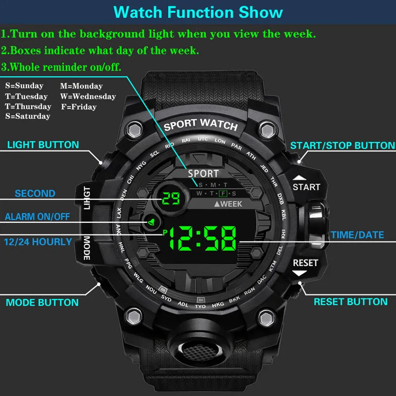 Digital Sports Waterproof Men's Wristwatch with Large Dial and Multifunctional Features