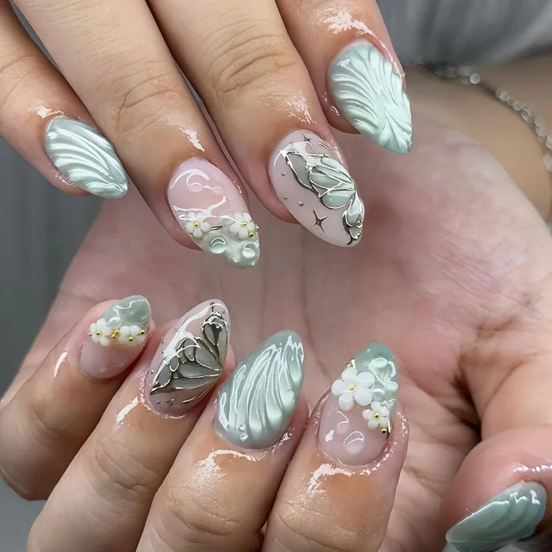Gradient Nude & Brown Fake Nails Set with Flowers Rhinestones - Fall Winter Almond Tips, Press On Nail Art
