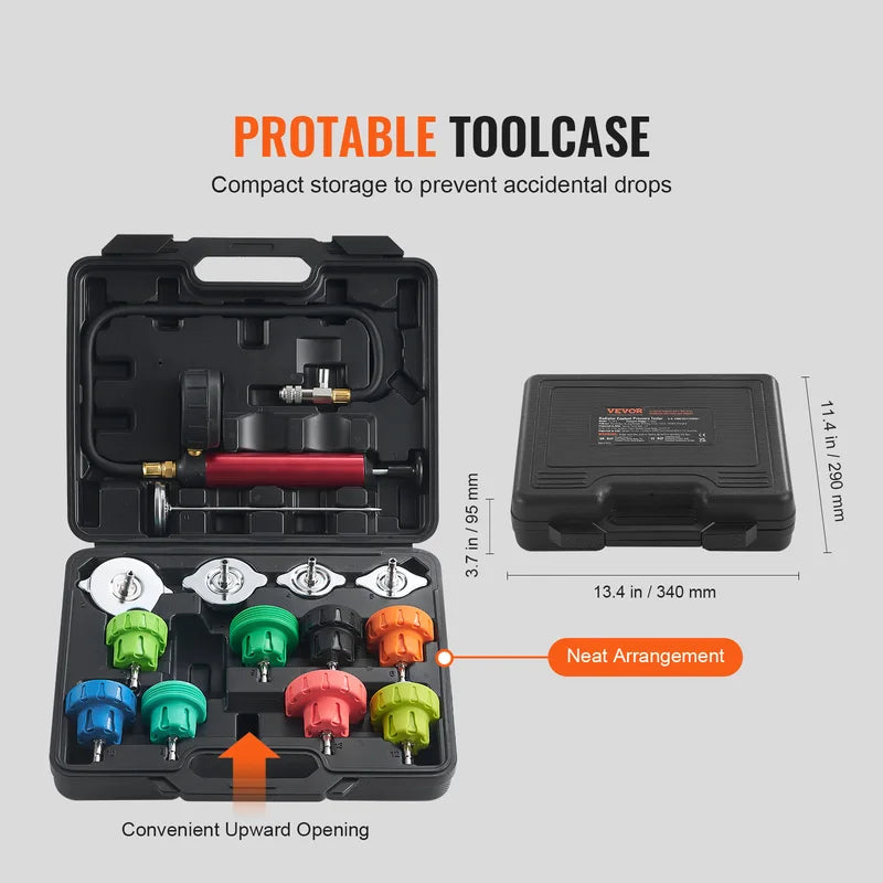 Radiator Pressure Tester Kit with Manual Pump and Color-Coded Adapters for Cars, Motorcycles, Trucks