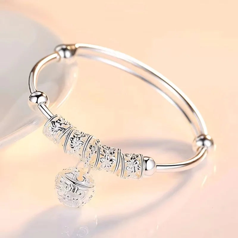 Sterling Silver Hollow Bells Ball Bangles for Women Adjustable Jewelry