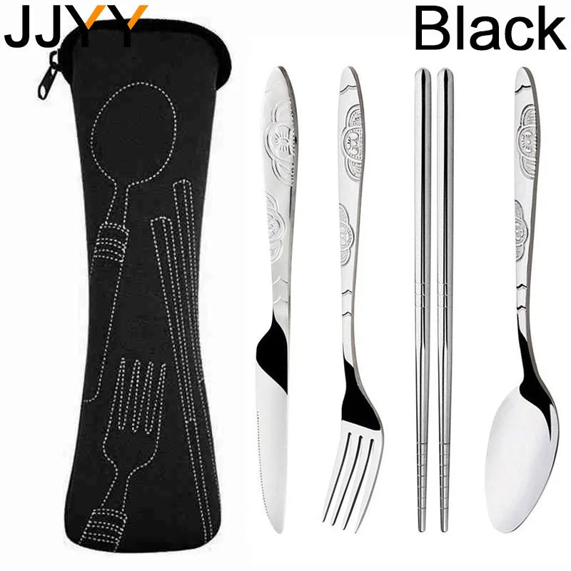Portable Stainless Steel Cutlery Set for Camping - Fork, Spoon, Knife & Chopsticks with Bag