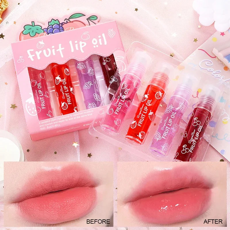 Hydrating Lip Oil Set - 4PCS Fruit Lip Gloss for Plumping & Softening Lips