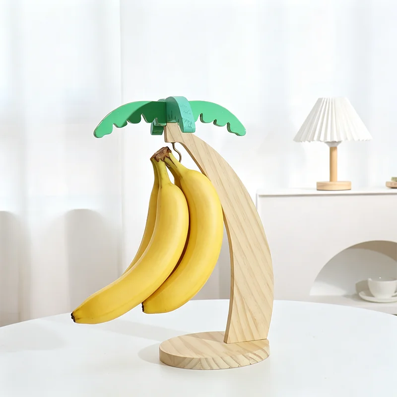 Wooden Banana Rack Hanging Kitchen Organizer with Leaf Design and Hooks