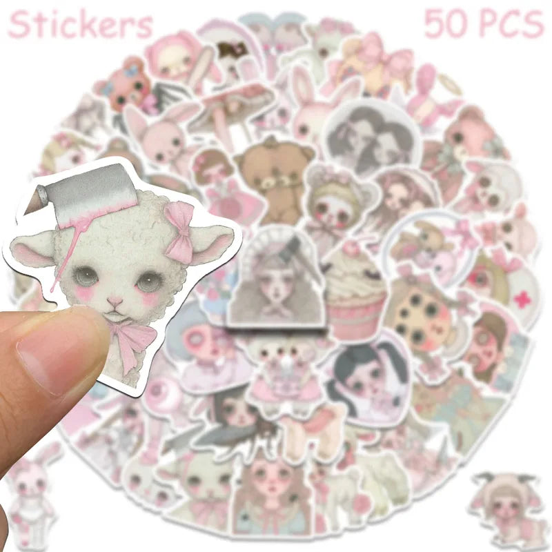 50pcs Pink Creepy Girl Sticker Set Waterproof Vinyl Decals for Laptop Skateboard Suitcase