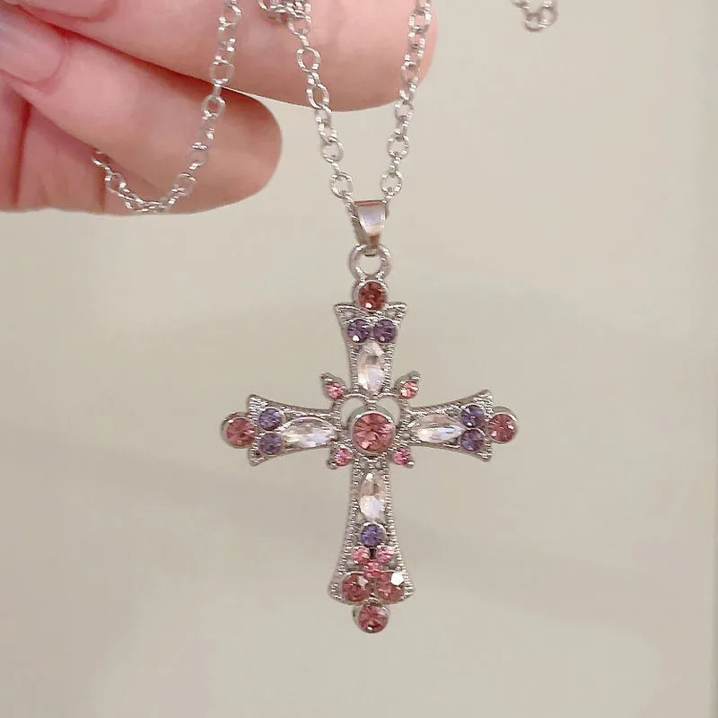 Gothic Pink Cross Necklace for Women Y2K Punk Heart Pendant Jewelry