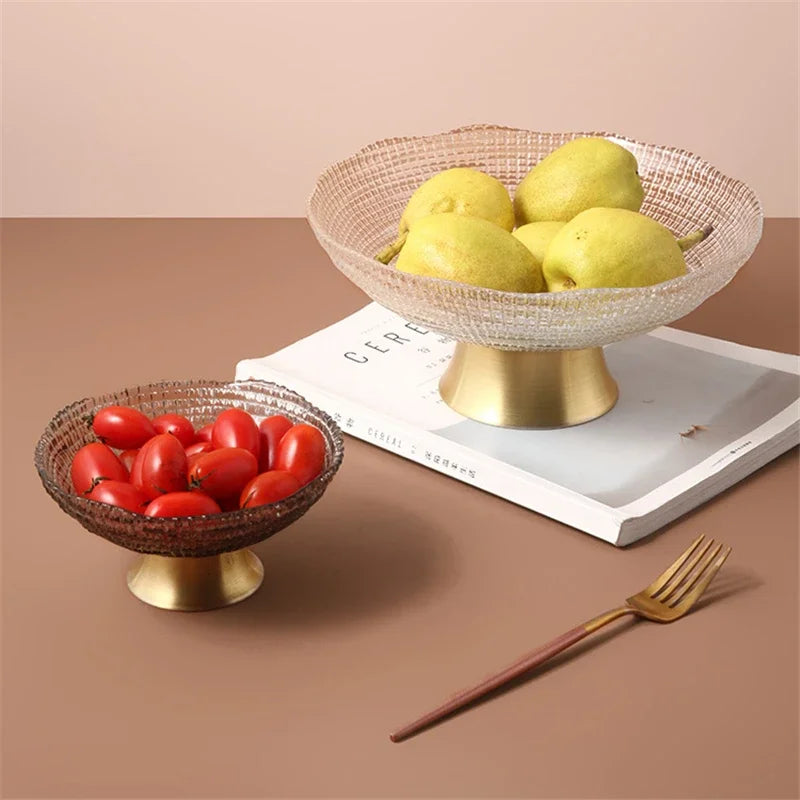 Glass Fruit Plate with Metal Storage Box for Living Room Snack Serving Tray