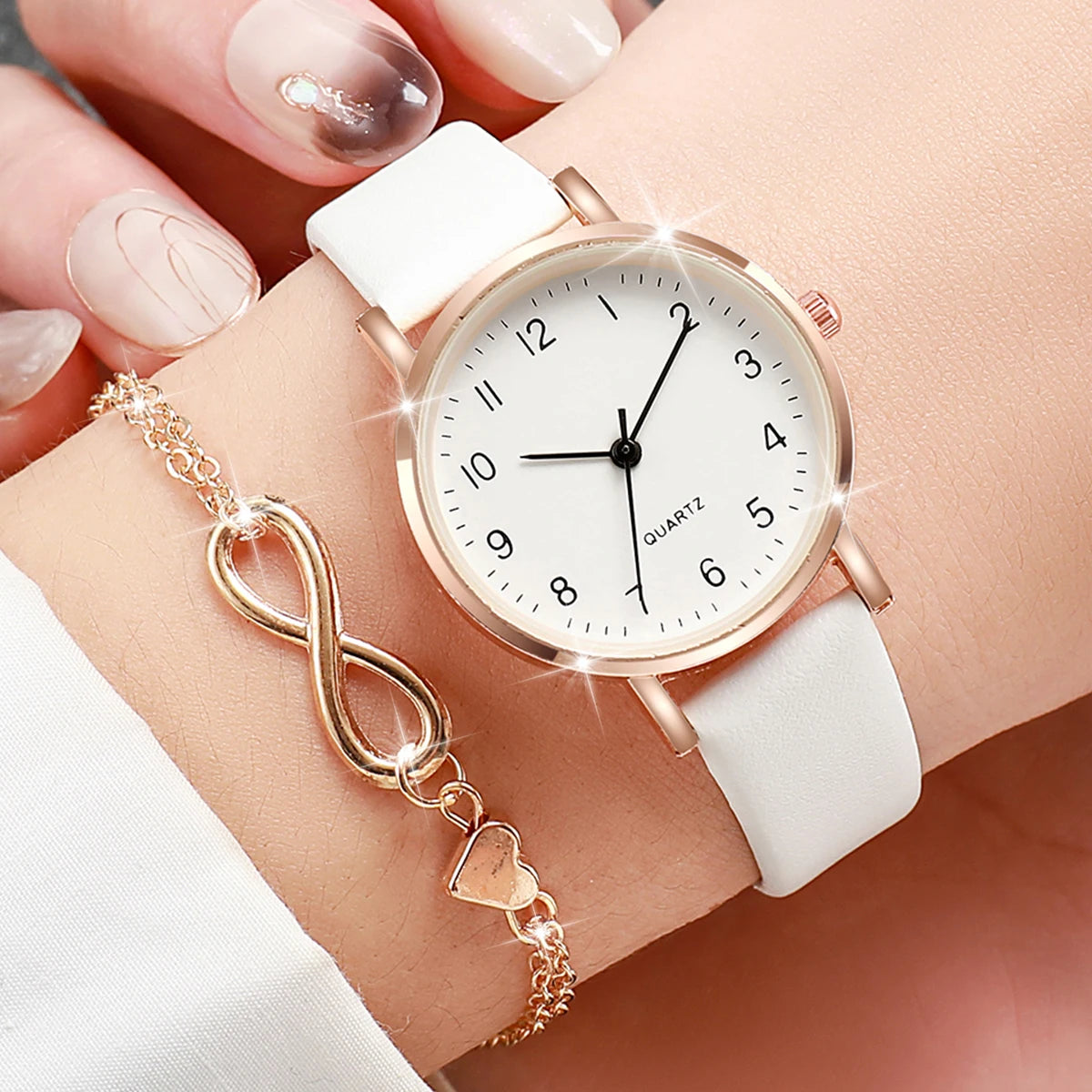 Women's Leather Band Quartz Watch Set with Heart Bracelet - Gold, Arabic Dial