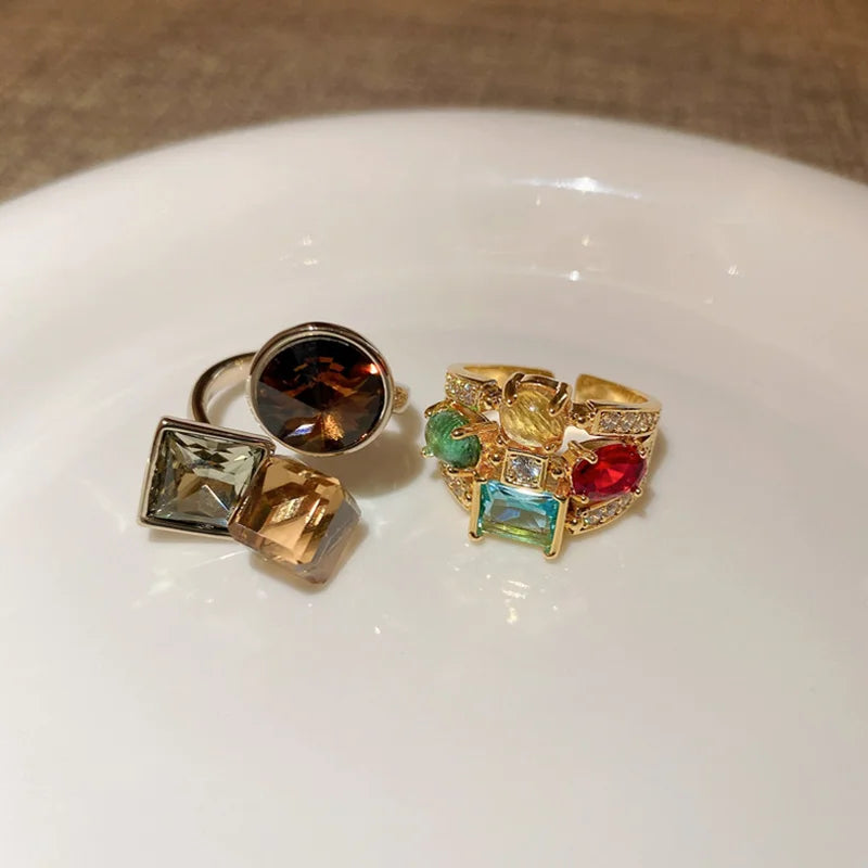 Colorful Zircon Ellipse Multi-Layer Open Mouth Rings for Women - Trendy Creative Jewelry