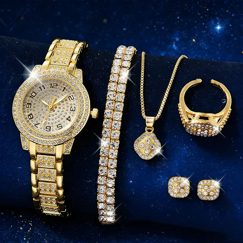 Women’s Gold Quartz Watch with Diamond Accents Elegant Bracelet Timepiece