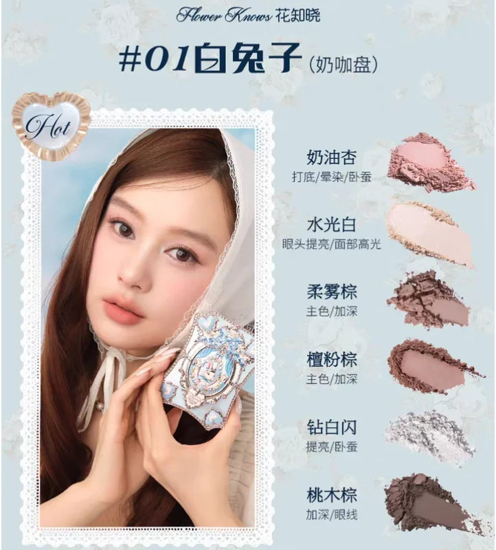 Flower Knows Bunny Garden Eyeshadow Palette 6-Color Face Makeup Set - Shimmer Matte Satin Finishes