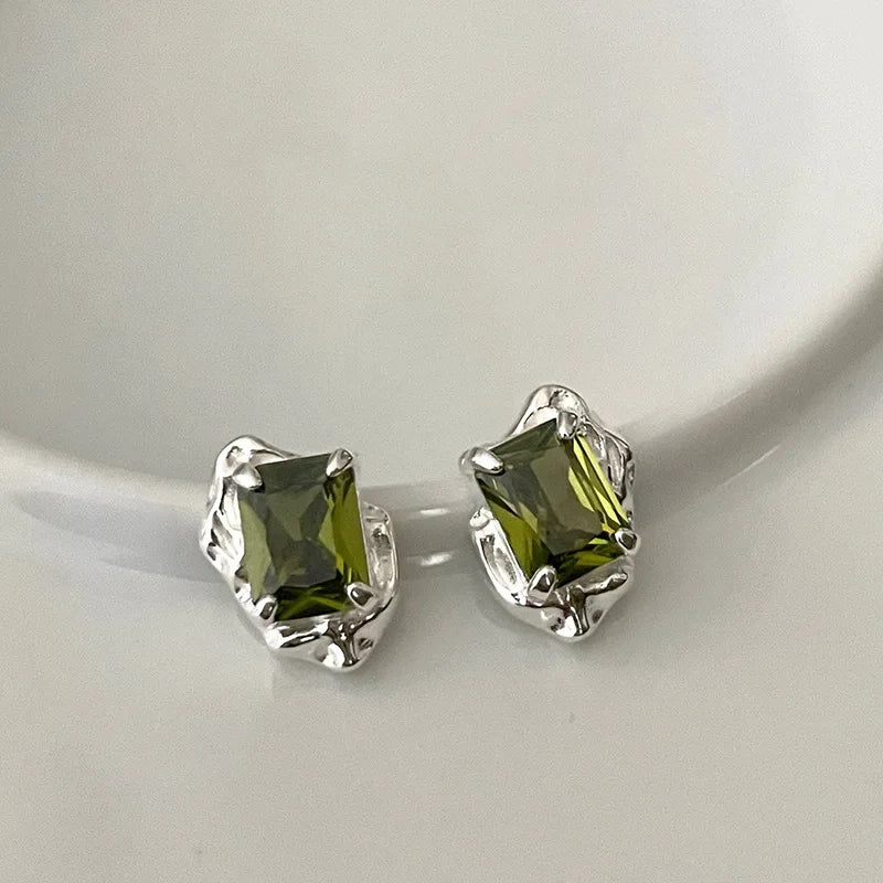 Sterling Silver Stud Earrings with Green Square Crystal & Lava Design for Women Girls
