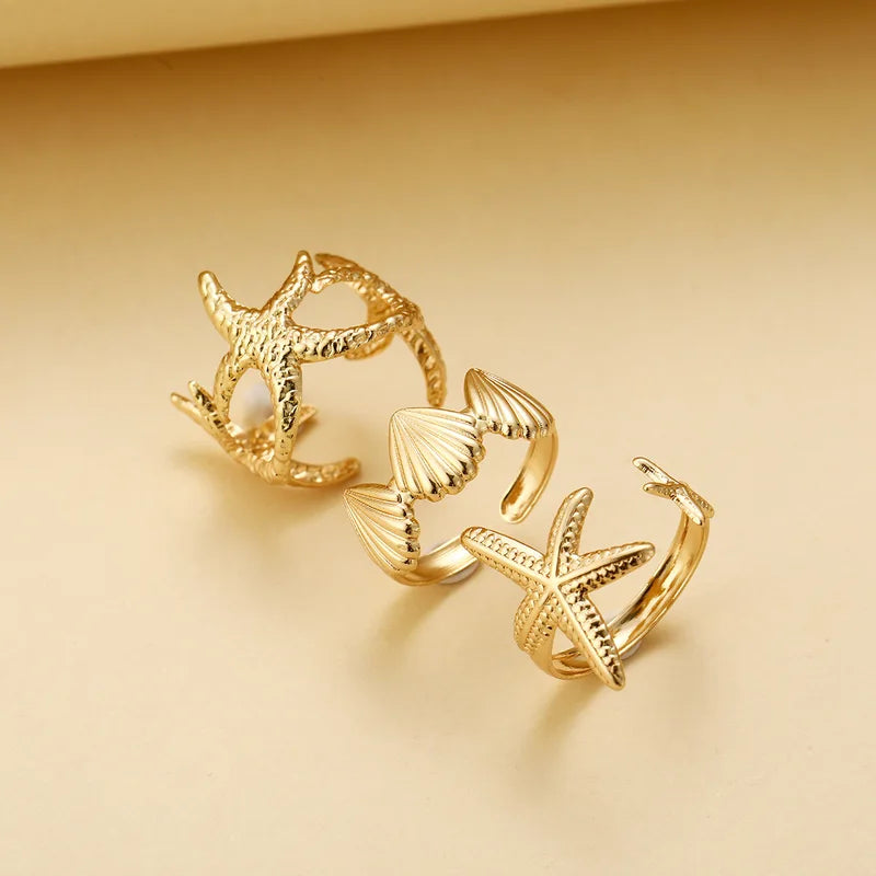Vintage Metal Ocean Shell Starfish Open Mouth Rings Set for Women & Girls - Summer Party Jewelry