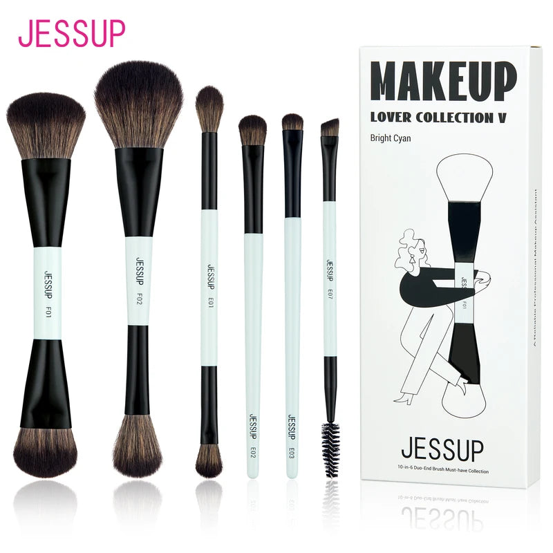 6pcs Double-Ended Makeup Brush Set - Vegan Fiber, Bright Cyan