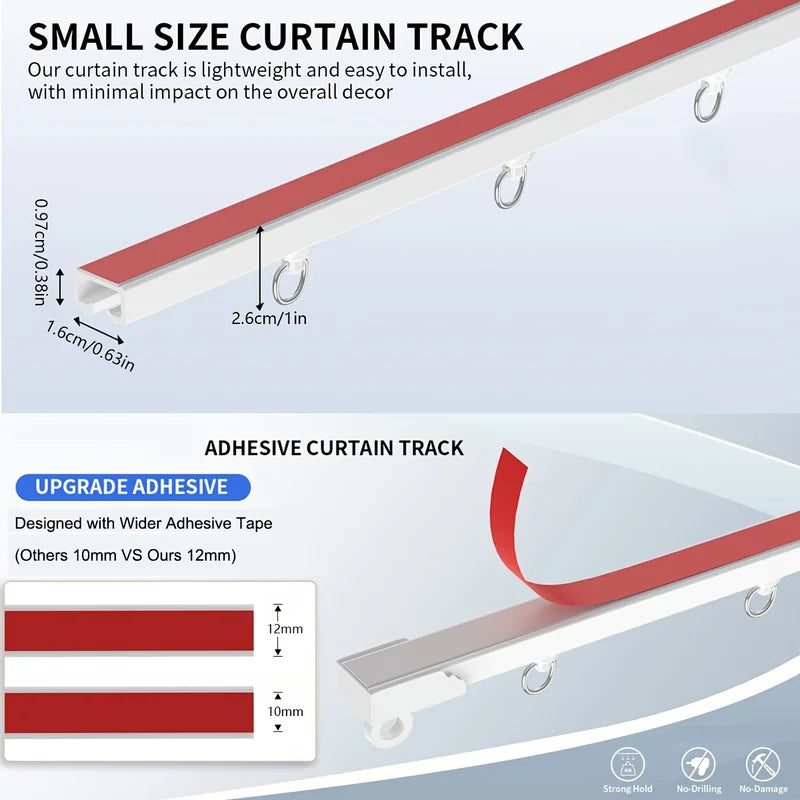 Self-Adhesive Curtain Track No Drill Wall & Ceiling Mount Silent Sliding Rail