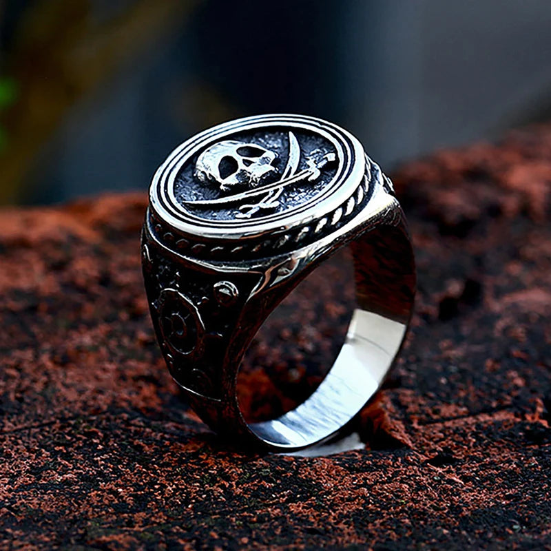 Vintage Double Knife Pirate Skull Ring Gothic Stainless Steel Jewelry for Men Boys