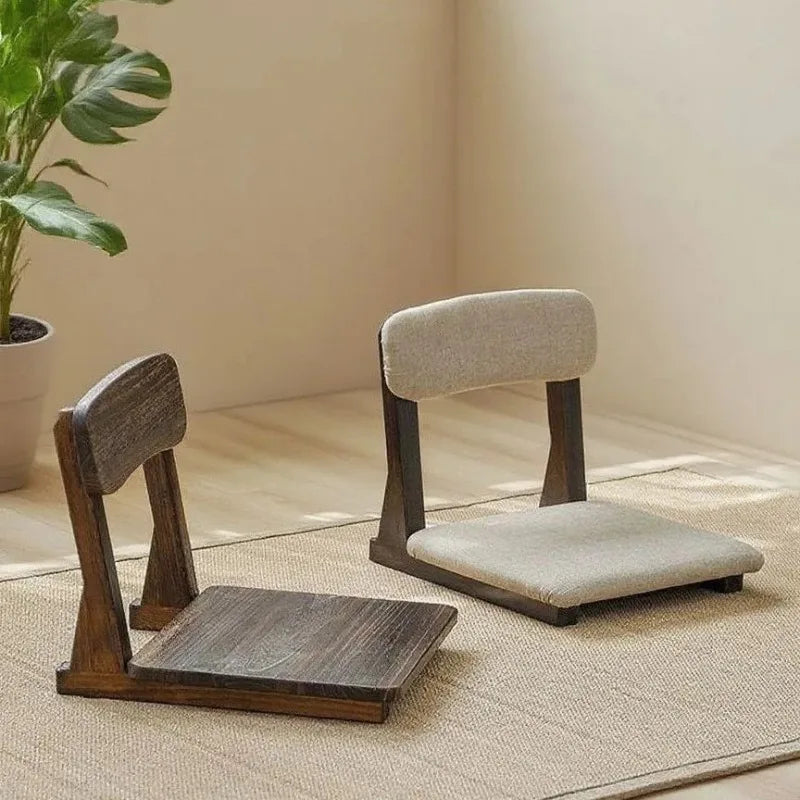 Japanese Style Wooden Tatami Chair with Backrest and Sponge Cushion - Low Lazy Stool