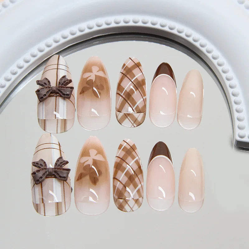 24Pcs Press-On Nails with French Bow Design Medium Almond Style for Women & Girls