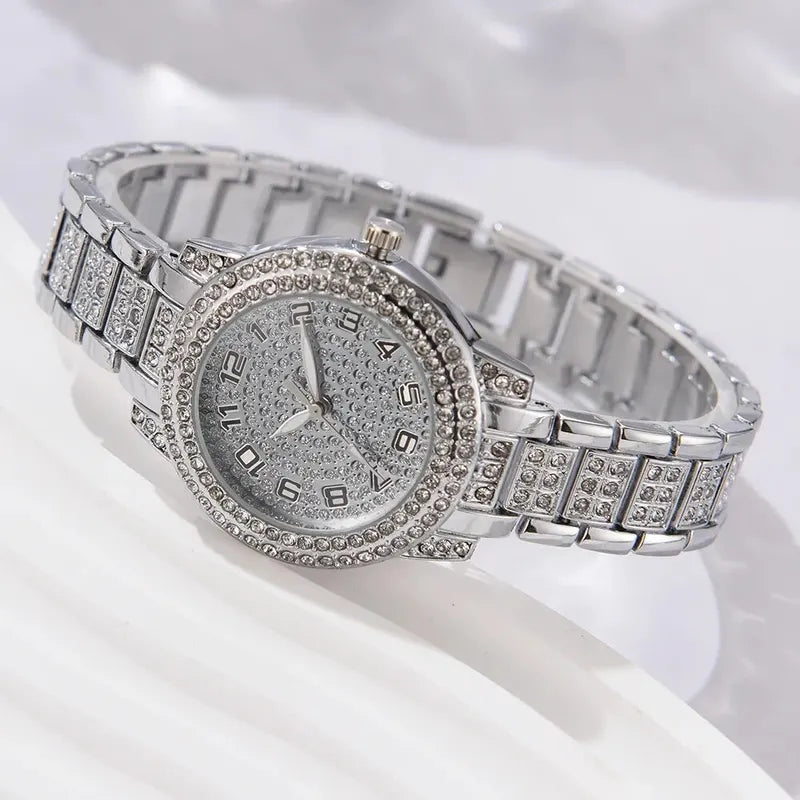 Women’s Elegant Alloy Quartz Wristwatch Set - Crystal Rhinestone Bracelet, Multiple Colors