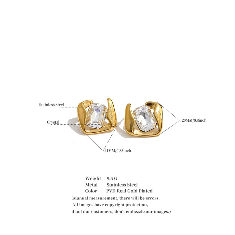 Multi-Color Crystal Square Stud Earrings 16K Gold PVD Plated Jewelry