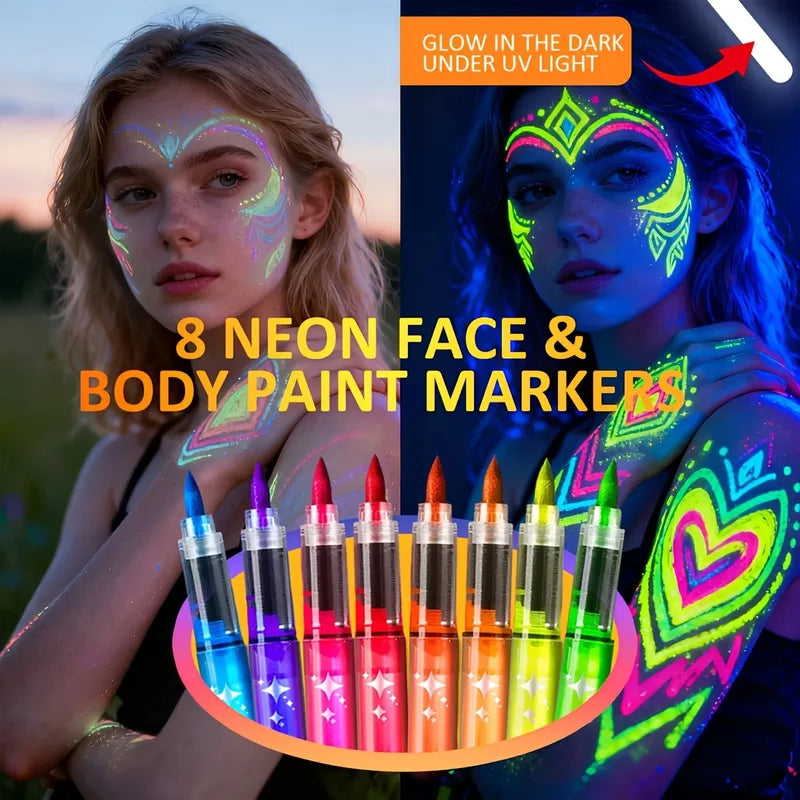 UV Neon Face & Body Paint Markers Set - Glow in The Dark Fluorescent Art Pens for Halloween Festivals and Parties