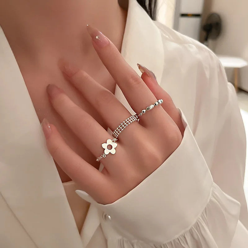 Sterling Silver Flower Ball Long Tassel Chain Ring for Women - Adjustable Trendy Jewelry
