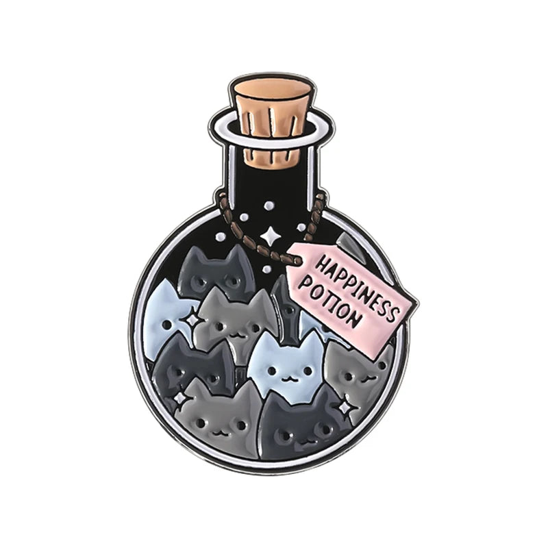 Cartoon Cat Happiness Potion Enamel Lapel Pin for Cat Enthusiasts Gift Jewelry