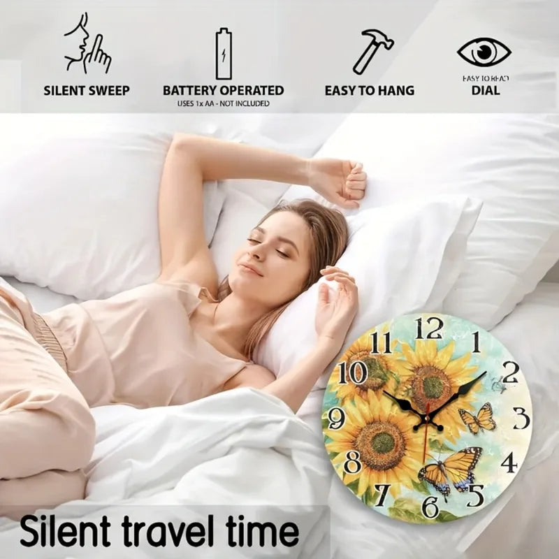 Silent 12-Inch Wall Clock with Sunflower & Butterfly Design - Battery Operated Home Decor