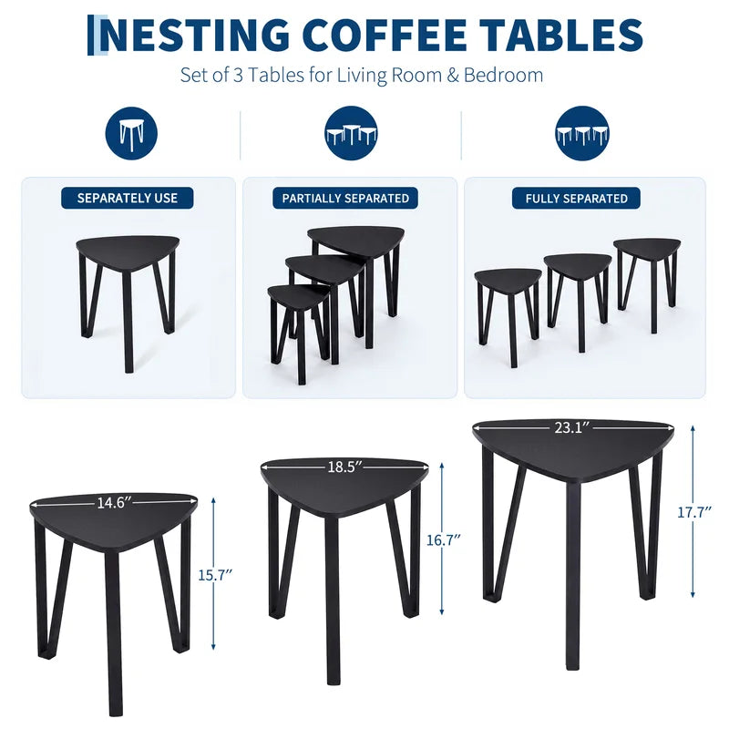 Set of 3 Triangle Nesting Coffee & Side Tables - Industrial Multi-Size Accent Tables