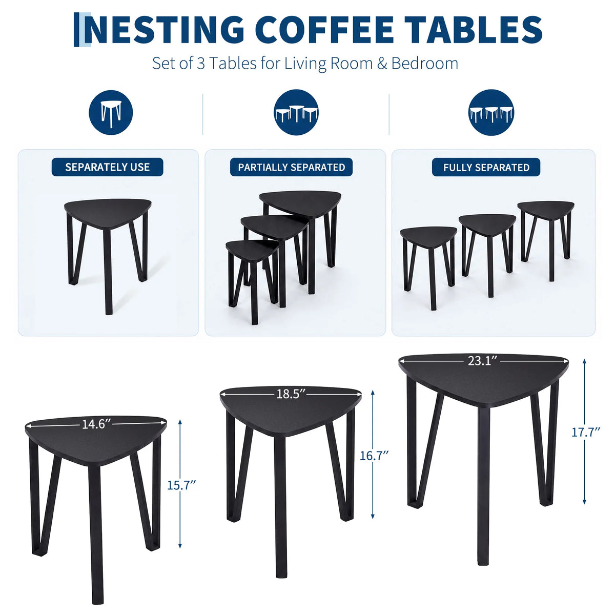 Set of 3 Triangle Nesting Coffee & Side Tables - Industrial Multi-Size Accent Tables